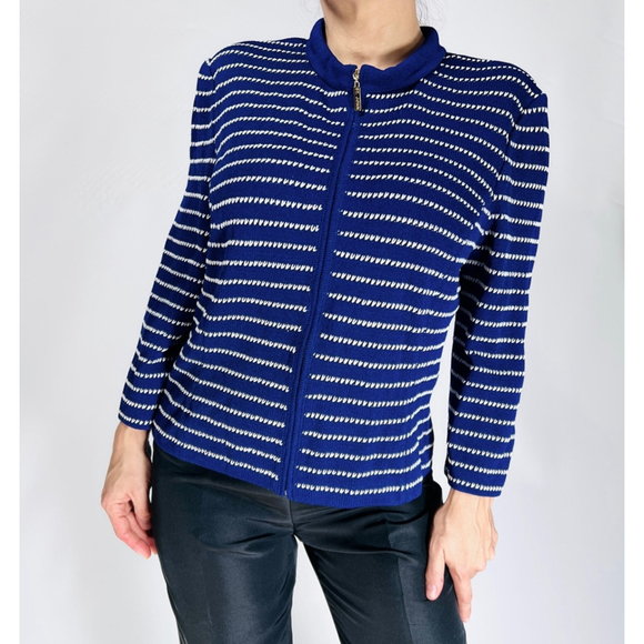ST. JOHN Womans Sweater Cardigan Zip Front Wool Blend Striped M Blue White - Picture 8 of 12